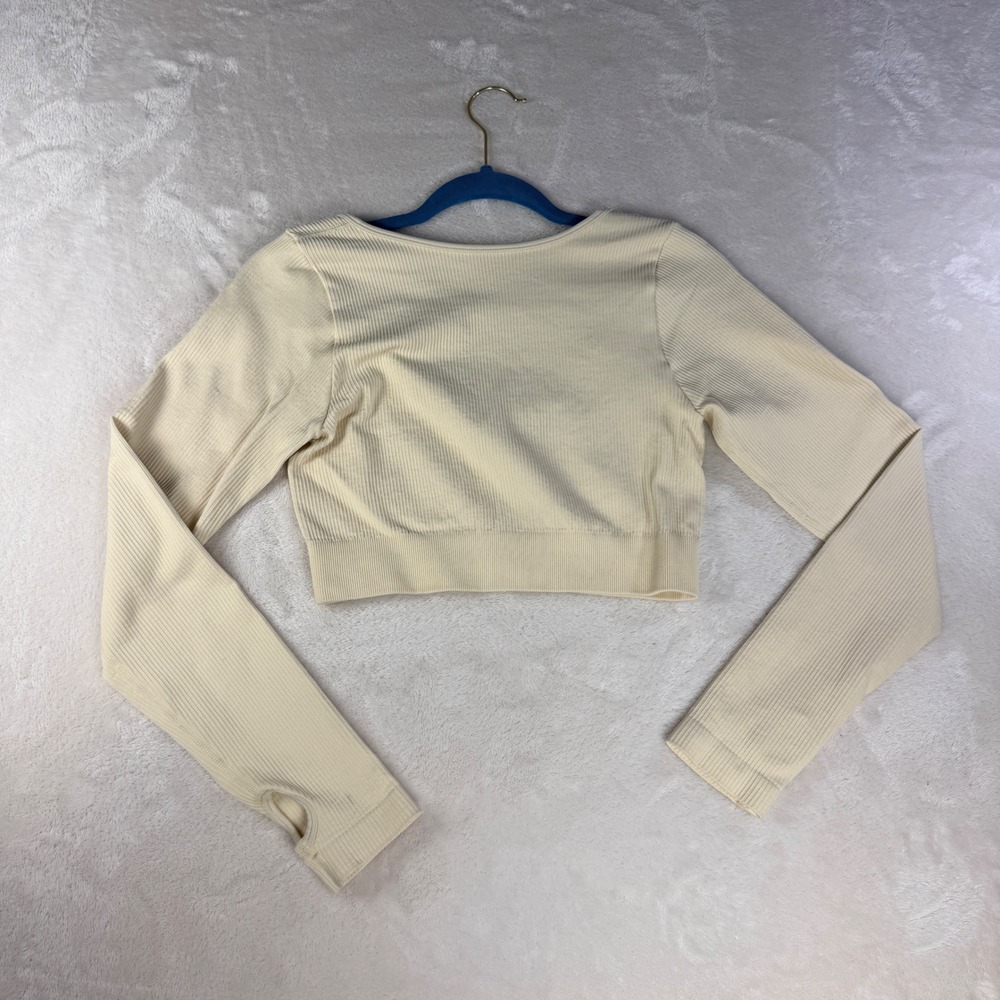 OQQ Ribbed Crop Top Womens L Cream Long Sleeve Square Neck Thumbhole Pilates